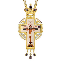 Крест наперсный серебряный, в позолоте, с эмалью, фиолетовые фианиты, высота 13 см