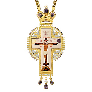 Крест наперсный серебряный, в позолоте, с эмалью, фиолетовые фианиты, высота 13 см (вес 160 г)