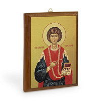 Икона великомученика и целителя Пантелеимона на деревянной основе, цвет "кипарис", на холсте с золочением