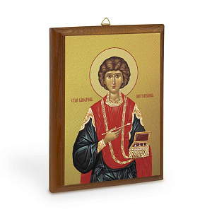 Икона великомученика и целителя Пантелеимона на деревянной основе, цвет "кипарис", на холсте с золочением (6,5х9 см (под икону А8))