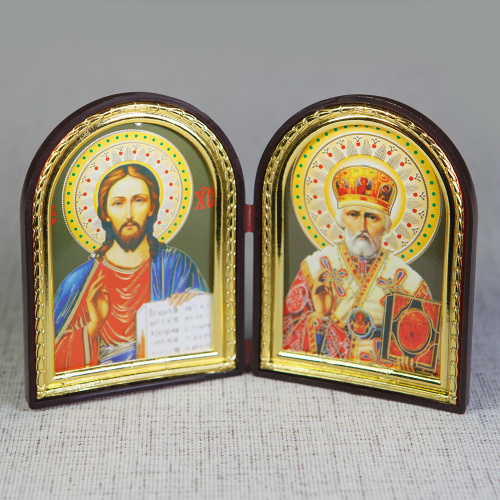 Складень с ликами Спасителя и святителя Николая Чудотворца, арочной формы, 6,4х8,4 см фото 5