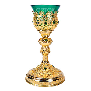 Лампада напрестольная из ювелирного сплава в позолоте с камнями, 14,5х24 см (зеленый стаканчик)
