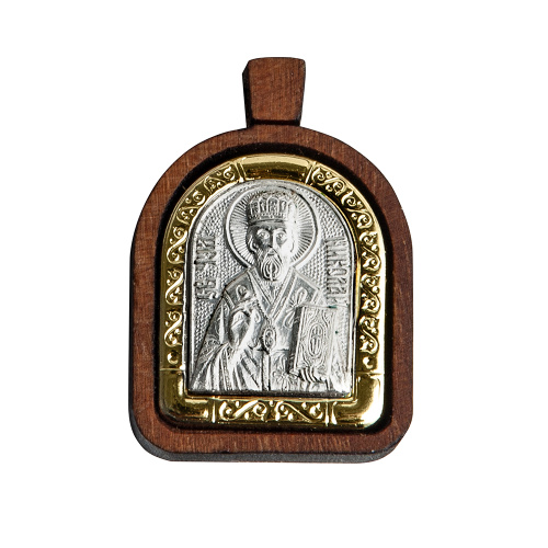 Образок деревянный с ликом святителя Николая Чудотворца из мельхиора в серебрении и золочении, 1,9х2,7 см фото 3