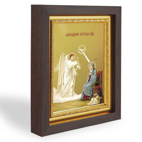 Икона Благовещения Пресвятой Богородицы, в узком багете, цвет "темный дуб", на холсте, с золочением №2