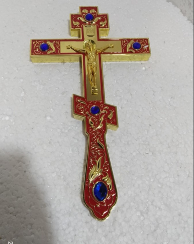 Крест напрестольный, красная эмаль, синие камни, 14,5х26 см, У-0941 фото 8