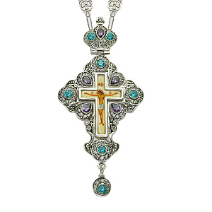 Крест наперсный серебряный, чернение, голубые и фиолетовые фианиты, с цепью, высота 13 см (чернение)
