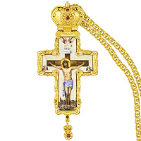Крест наперсный латунный в позолоте с цепью, фианиты, 6х14 см