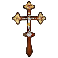 Крест напрестольный из ювелирного сплава в позолоте и серебрении на дереве, фианиты