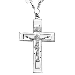 Крест наперсный латунный в серебрении с цепью, литье, 7,5х12 см (гравировка)