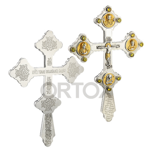 Крест напрестольный из ювелирного сплава в серебрении с позолотой и фианитами, 19х30 см фото 2
