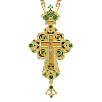 Крест наперсный из ювелирного сплава, позолота, зеленые фианиты, высота 13 см