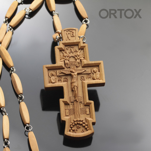 Крест наперсный деревянный резной, с цепью, 5,2х10 см фото 2