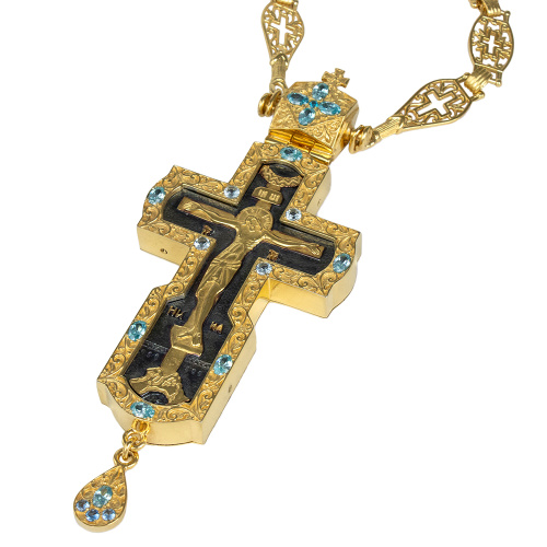 Крест наперсный из ювелирного сплава с цепью в позолоте, бирюзовые камни, 6х15 см фото 2