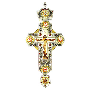 Крест наперсный из ювелирного сплава с украшениями, красные камни, 7х15 см (без цепи)