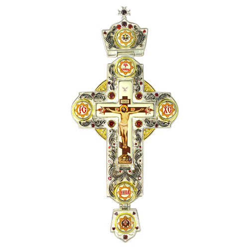 Крест наперсный из ювелирного сплава с украшениями, красные камни, 7х15 см