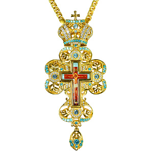 Крест наперсный из ювелирного сплава восьмиконечный с цепью, позолота, голубые камни, 6,5х15 см (вес 121 г)