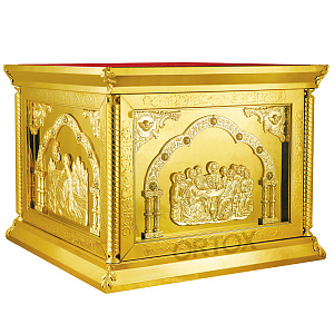 Облачение на престол "Золотые своды", чеканка, ткань, высота 107 см (130х130х107 см красная ткань, композит)