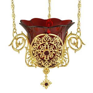 Лампада подвесная из ювелирного сплава в позолоте с камнями, 15х12 см (красный стаканчик)