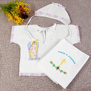 Крестильный набор из трех предметов: пеленка, распашонка, чепчик, размер 56-62 см, вышивка (белый набор)