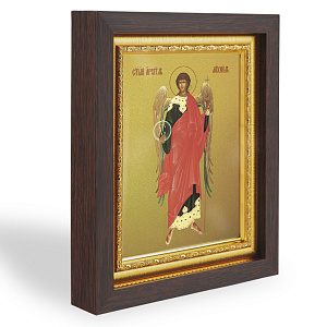 Икона Архангела Михаила, в узком багете, цвет "темный дуб", на холсте, с золочением №2 (14,3х17,4 см (под икону А7))