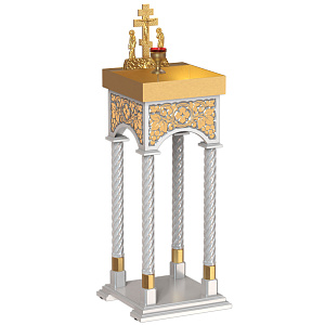 Панихидный стол песковой "Суздальский" белый с золотом (поталь), 46х46х100 см, колонны, резьба (ясень)