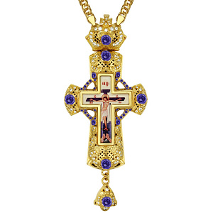 Крест наперсный из ювелирного сплава, позолота, фианиты, 6,5х15 см (без цепи, голубые фианиты)