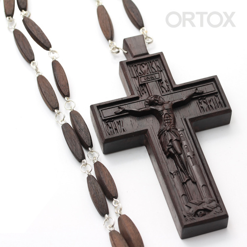 Крест наперсный протоиерейский деревянный темный, с цепью, резной, 7х12 см фото 9