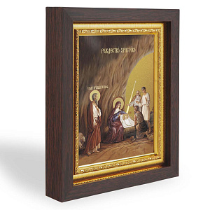 Икона Рождества Христова, в узком багете, цвет "темный дуб", на холсте, с золочением №2 (14,3х17,4 см (под икону А7))