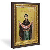 Икона Божией Матери "Покров Пресвятой Богородицы", в широком багете, цвет "темный дуб", на холсте, с золочением