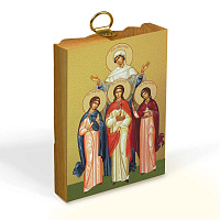 Икона святых мучениц Веры, Надежды, Любови и матери их Софии на деревянной основе светлая, на холсте с золочением