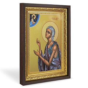 Икона преподобной Марии Египетской, в широком багете, цвет "темный дуб", на холсте, с золочением (33,5х42,2 см (под икону А4))