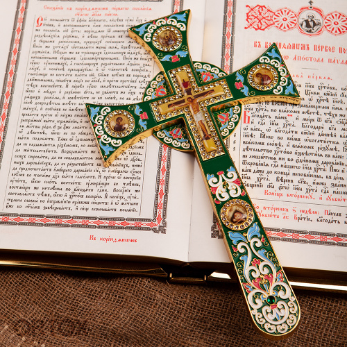 Крест требный четырехконечный, зеленая эмаль, камни, 17х29 см фото 8