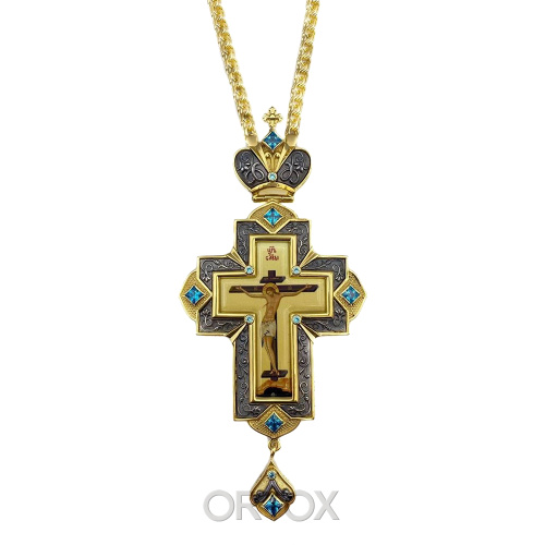 Крест наперсный латунный в позолоте с цепью, деколь, фианиты, 7,4х15,8 см фото 3