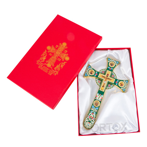 Крест требный четырехконечный, зеленая эмаль, камни, 17х29 см фото 6