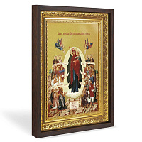 Икона Божией Матери "Всех скорбящих радость", в широком багете, цвет "темный дуб", на холсте, с золочением