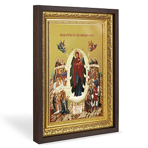 Икона Божией Матери "Всех скорбящих радость", в широком багете, цвет "темный дуб", на холсте, с золочением (33,5х42,2 см (под икону А4))