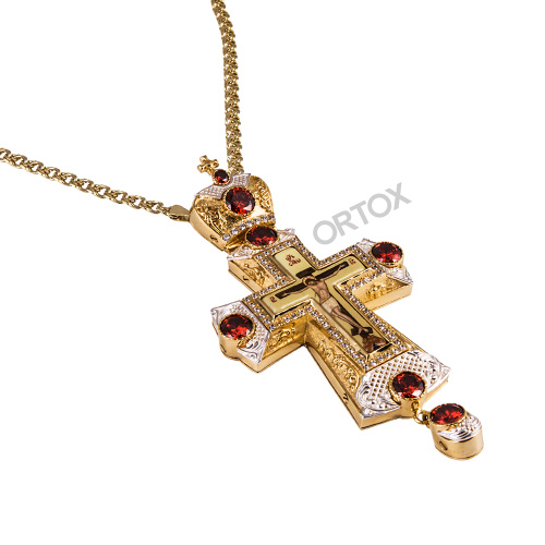 Крест наперсный латунный в позолоте с цепью, красные фианиты, 7х14,7 см фото 2