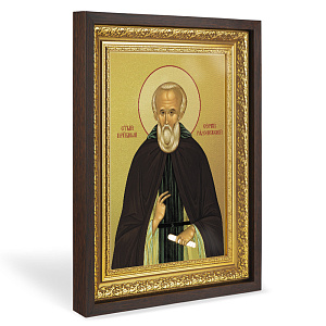Икона преподобного Сергия Радонежского, в широком багете, цвет "темный дуб", на холсте, с золочением (33,5х42,2 см (под икону А4))