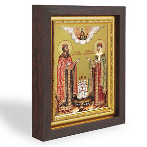 Икона благоверных князей Петра и Февронии Муромских, в узком багете, цвет "темный дуб", на холсте, с золочением, №2 (17,4х21,7 см (под икону А6))