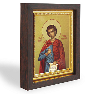 Икона исповедника Иоанна Русского, в узком багете, цвет "темный дуб", на холсте, с золочением (14,3х17,4 см (под икону А7))