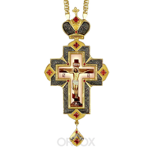 Крест наперсный латунный в позолоте с цепью, деколь, фианиты, 7,4х15,8 см фото 2
