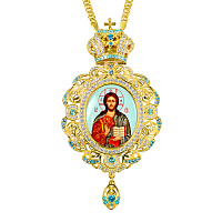Панагия с иконой Спасителя 8х15 см, с цепью, голубые и белые камни