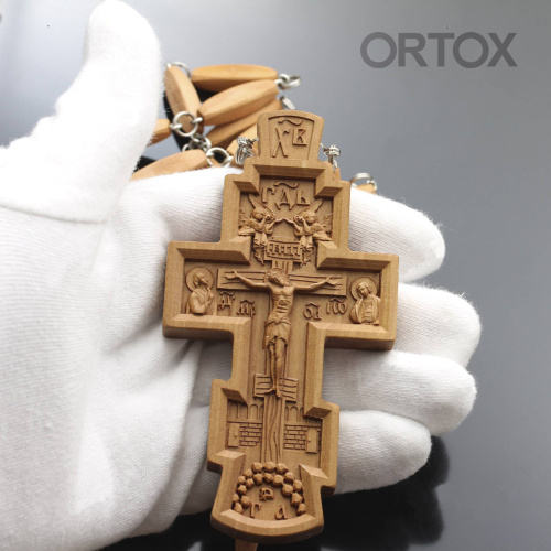 Крест наперсный деревянный резной, с цепью, 5,2х10 см фото 3