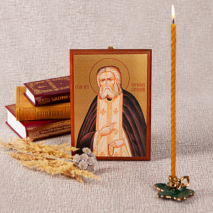 Икона преподобного Серафима Саровского, на дереве, цвет "кипарис", на холсте, с золочением (12х16,5 см (под икону А6))