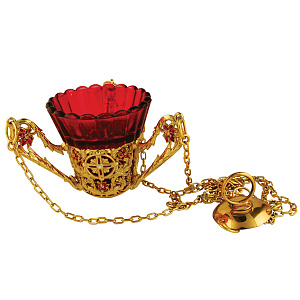 Лампада из ювелирного сплава подвесная, в позолоте с камнями (красный стаканчик)