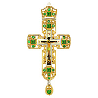 Крест наперсный из ювелирного сплава с украшениями, 8х17 см, зеленые камни