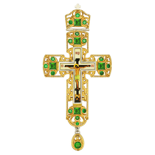 Крест наперсный из ювелирного сплава с украшениями, 8х17 см, зеленые камни