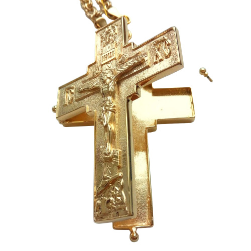Крест-мощевик наперсный латунный в позолоте с цепью, 6,5х9 см фото 4