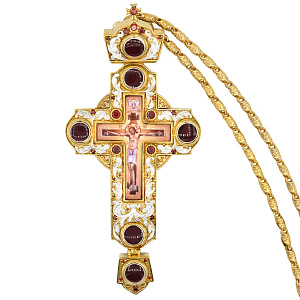 Крест наперсный серебряный, с цепью, красные фианиты и позолота (эмаль)