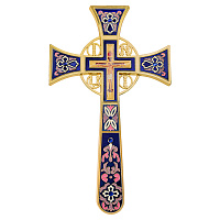 Крест требный четырехконечный, цинковый сплав, синяя эмаль, камни, 17х29 см